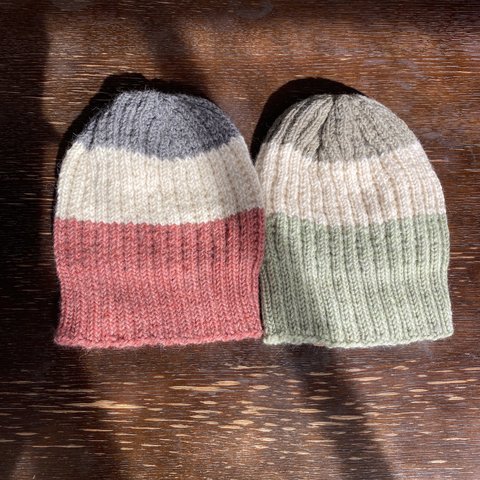 3色ボーダーリブ編み帽子　カーキorピンク　2カラーお選びください