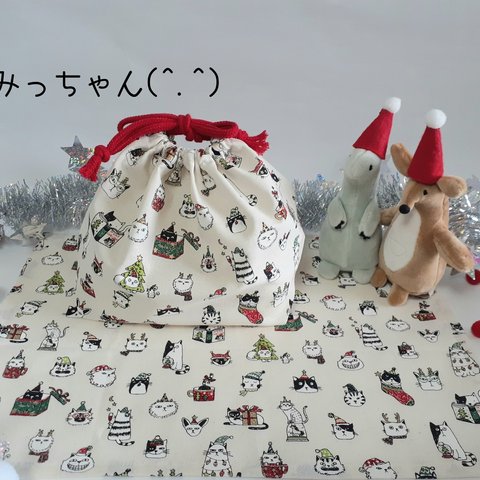 ★(^.^)ねこサンタだにゃん🐱🎅白・お弁当・給食袋&ランチョンマット★楽しいランチタイムを♪