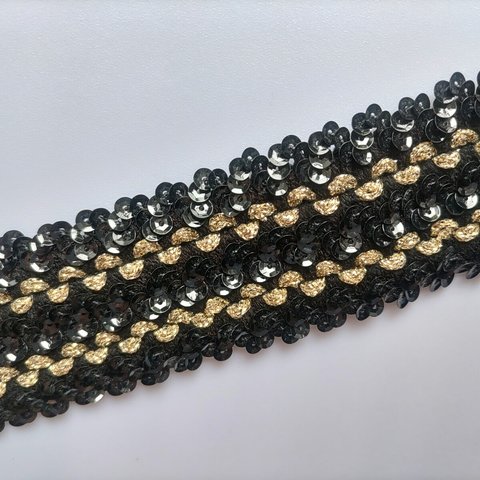 ゴム(伸縮)  スパンコールブレード ブラックxゴールド 巾5cm x 64cm／巾5cm x 100cm　幅3㎝/幅5cm