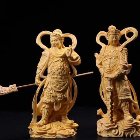 韋陀尊者、関公伽藍菩薩 風水開運 黄楊木の手彫り  仏師で仕上げ品 彫刻工芸品  