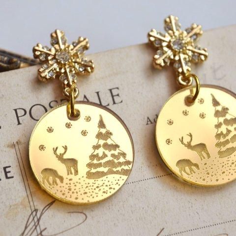 ピアス*winter forest*gold pine tree*クリスマス*冬じたく