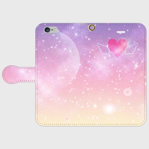 パステルピンク宇宙　かわいい ハートと羽 手帳型スマホケースiPhone,Android