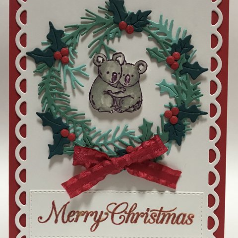 クリスマスカード  コアラ  クリスマスリース ヒイラギ リボン  クリスマス メッセージカード グリーディングカード stampinup  スタンピンアップ