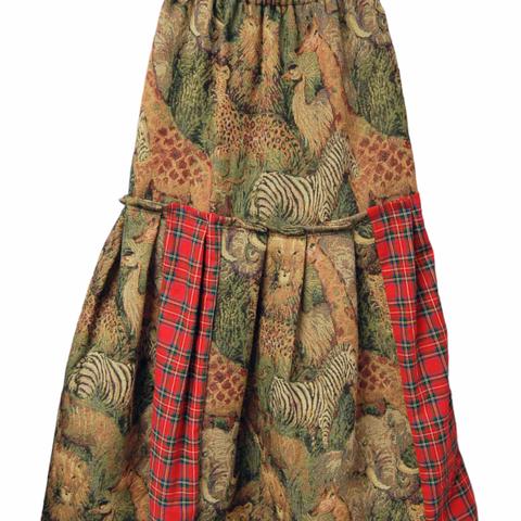 アニマルサファリゴブラン織り×タータンチェック　裾プリーツロングスカート