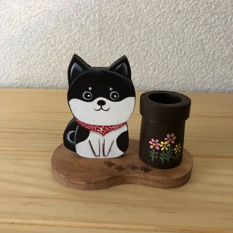  トールペイント  印鑑(シャチハタ)スタンド      黒柴      大人気♡