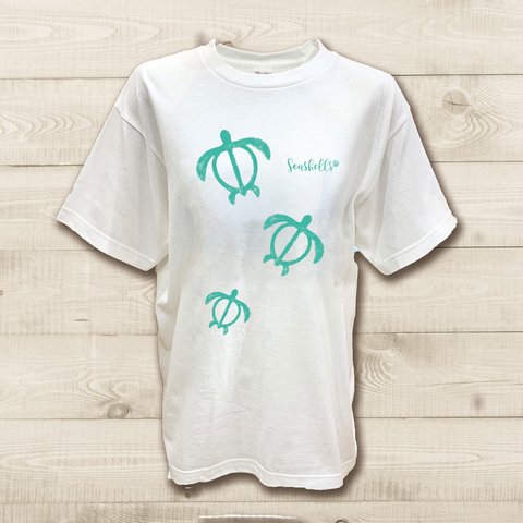 ハワイアンデザインTシャツ 海亀の親子イラスト ホヌ 海の守り神 カメの絵 ノースショア ハワイ 半袖カットソー