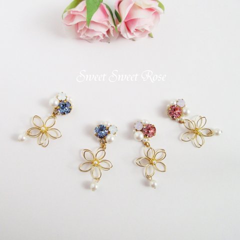 【再販】【２色】Bijou & Wire Flower  イヤリング ピアス ビジュー スワロフスキー 花 フラワー ワイヤー パール