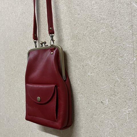 ミニ財布付き♪レザーがま口スマホショルダー＊ミニポシェット＊赤