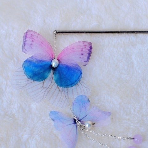 かんざし「蝶」（ピンク×青色）　髪飾り