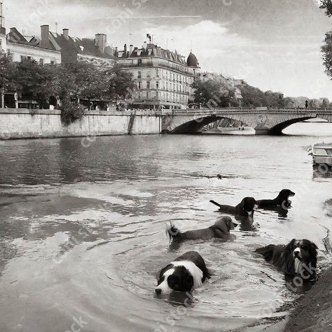 パリのセーヌ川で泳ぐ犬たちのイメージ、犬、レトロ、モノクロ、アート、古びた写真　conistock_52476_03