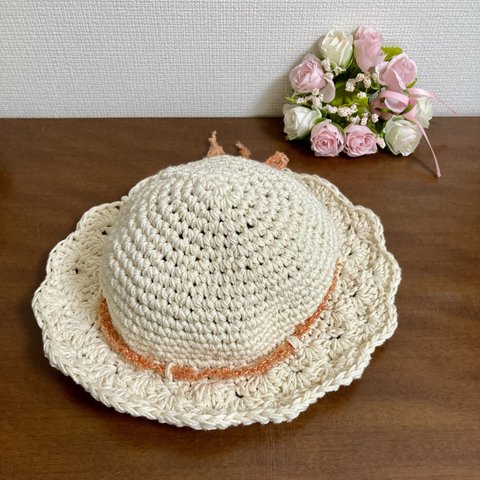 手編み　ベビー用　帽子　ハンドメイド　リボン　綿　春夏　キラキラ　ラメ