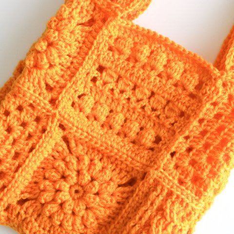 4種モチーフのクロシェバッグ Crochet bag with gusset 07 Crochet motif×Bright orange/ クロシェ