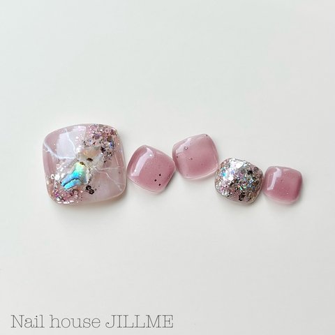 再販【シルキーピンクのくすみホロシェル大理石】 フットネイル ペディ用 夏 nailhousejillme 