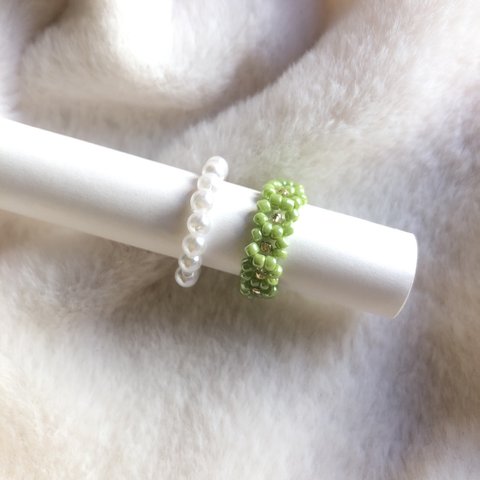 大人気♡ビーズリング　green flowers セット