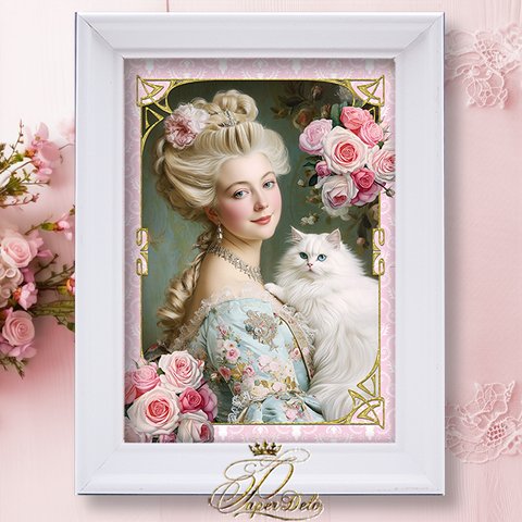 マリーアントワネット額付アートプリント★マリーとペルシャ猫★ロココ・ヴィクトリアン Marie Antoinette Art Print