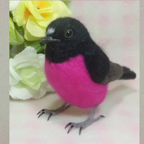  ピンクロビン セグロサンショクヒタキ Pink robin 背黒三色鶲 野鳥 リアルサイズ♪  羊毛フェルト  鳥のオブジェ リアルバード 受注制作