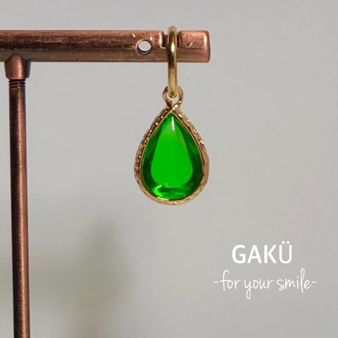 『麗』Green×Gold ガラスの雫フープイヤリング　