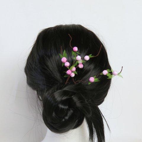 桃の髪飾り Uピン 浴衣 和風 着物 実 袴 ピンク ヘアアクセサリー