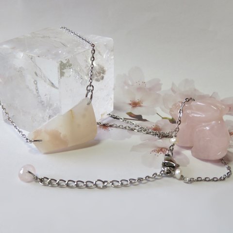 桜瑪瑙のランダムプレートネックレス◇Cherry-blossom Agate・Rose Ｑuartz…／316L