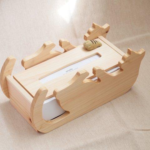 猫シルエット いたずら猫の手 木製 ティッシュボックス
