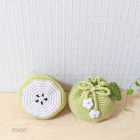 手編みミニ巾着袋 M ✽青りんご