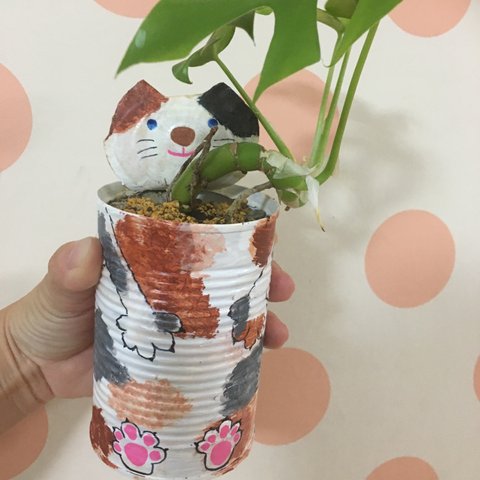 三毛猫☆姫モンステラリメ缶植え☆トマト缶リメイク