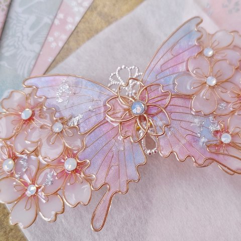 （B）夢うつつの桜と蝶のバレッタ（hair ornaments of butterfly and flower〜spring dawn〜）