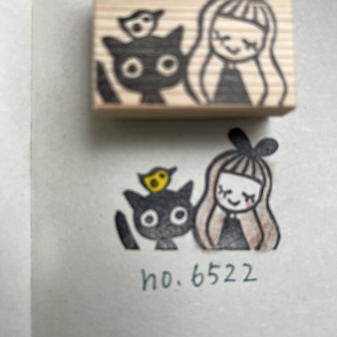 スタンプ　No. 6522リボンの女の子と黒猫と小鳥