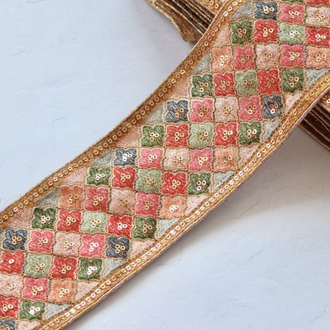 インド刺繍リボンᢂモザイク【ビビット系】インド刺繍 刺繍リボン 刺繍 リボントリム ブレード レース チュール チュールレース