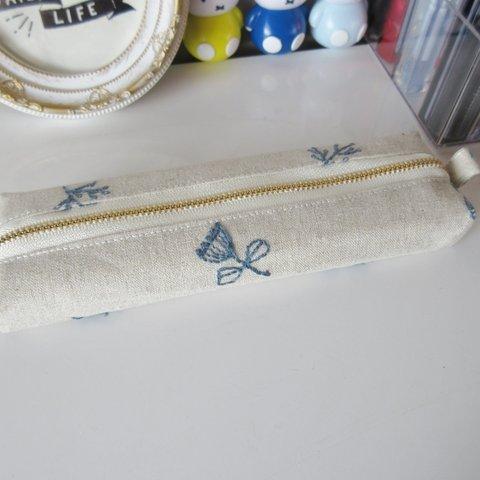青花　リネン　刺繡　ボタニカル　ペンケース　シンプル　筆箱　人気　かわいい　　
