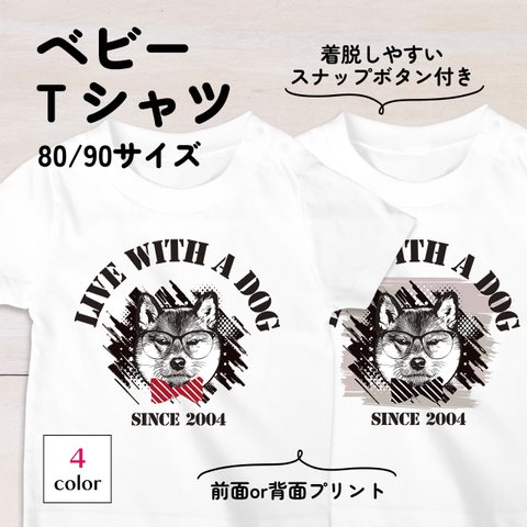 柴犬と英字のビンテージ風ベビーTシャツ 4色 80・90サイズ スナップボタン仕様（グランジ）