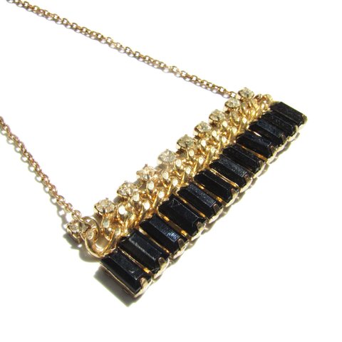 80s Vintage rhinestone × black bijou mode design necklace