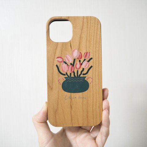 チューリップと壺 木製 iPhoneケース