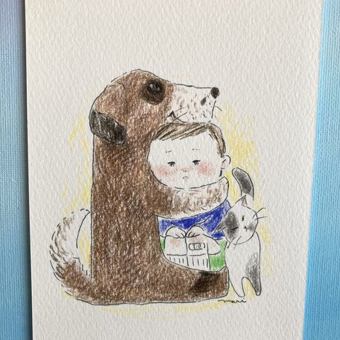 原画　ハガキ　【犬とこどもとネコ】