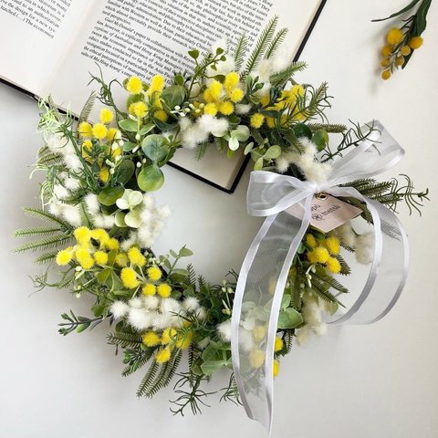 new✿. mimosa wreath ミモザリース イエロー＆ホワイト ミモザ 春のリース スプリングミモザ プレゼント 母の日 母の日ギフト ミモザの日 毎年飾れる