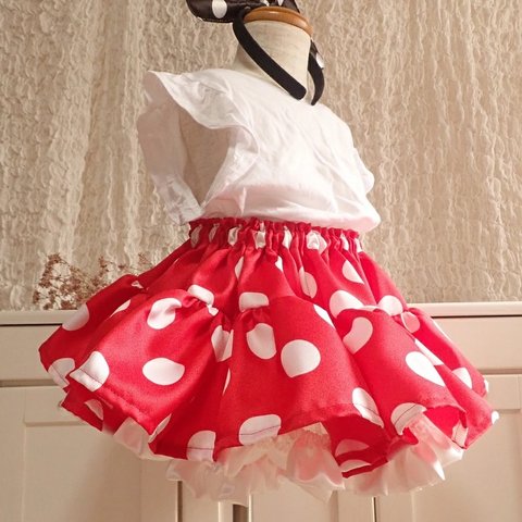 【BabyRito】ミニーちゃんドットパニエ付きミニスカート フリル ふんわり チュール サテン 赤 レッド 水玉 白ドット 