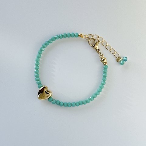 ブレスレット　ガラスビーズハートチャーム　BGB.Turquoise  ハートブレスレット ネックレスおそろい