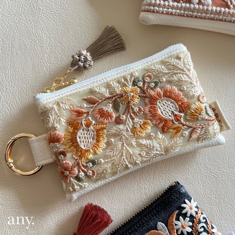 過去作品✨sold🙇‍♀️インド刺繍リボンポーチ orange③🧡カードケース💳 フェイクレザー　再販3