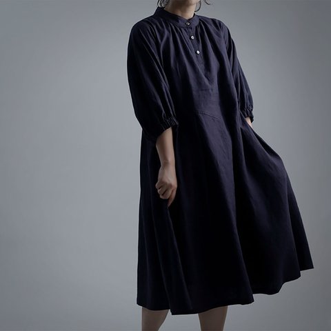 【wafu】Linen Dress スタンドカラーワンピース 超高密度リネン/黒紅色 a073i-kbi1