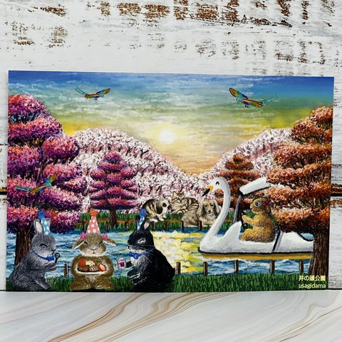 うさぎのポストカード　お花見🌸井の頭公園にて　ポストカード2枚セット