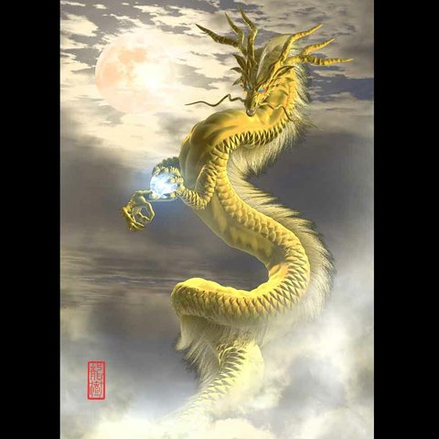 龍の絵「月雲・金龍・明るめ」自作A4　竜の絵