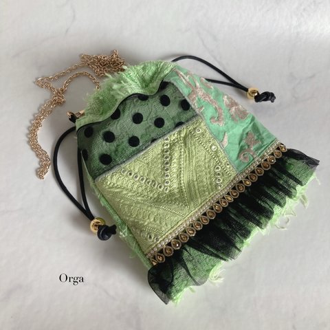 インポートファブリック×インド刺繍　ショルダーバッグ　エキゾチックドット　ピスタチオ