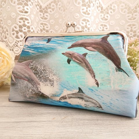 ◆【再販3】ホットサマーのイルカがま口ポーチ*海オーシャン夏ダイビング旅行やプレゼントに