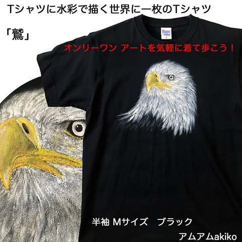 Tシャツ に 水彩 で描く 世界に1枚 の Tシャツ!  オンリーワン ! 「 鷲 」Mサイズ  アート を気軽に着て歩こう！ 送料無料 ！