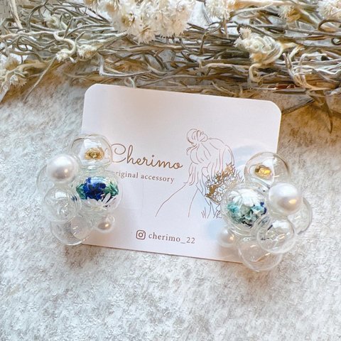 新作*°bubble ×パール×ガラス×ドライフラワー イヤリング ピアス アクセサリー ブライダル 結婚式