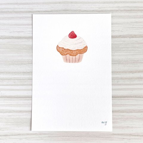 (小) 「カップケーキ」 ポストカード2枚セット　絵ハガキ　かわいい　癒し　おしゃれ　レトロ　喫茶　スイーツ　デザート　いちご　ストロベリー