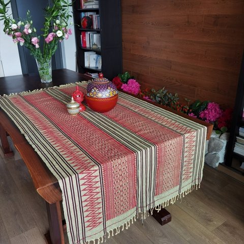 アカ族手織り天然コットン製アジアンBOHOタペストリー 190X94cm長方形 テーブルランナー テーブルクロス#106