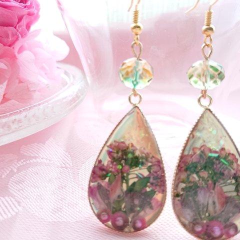 雫フレームの押し花レジンピアス/イヤリング/レジン