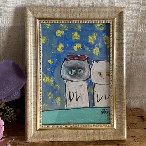 絵画。原画手描【2匹の猫が一緒にデートして美しい星の光を見る】