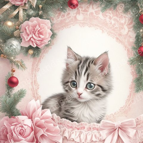 可愛い ピンク 薔薇 クリスマス 猫 のイラスト アート（デジタルコンテンツ ダウンロード販売）